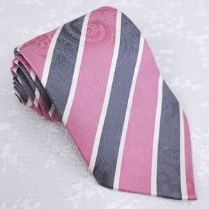 DOLCEPUNTA Silk Tie Pink Gray White Stripe Handmade Necktie ITALY